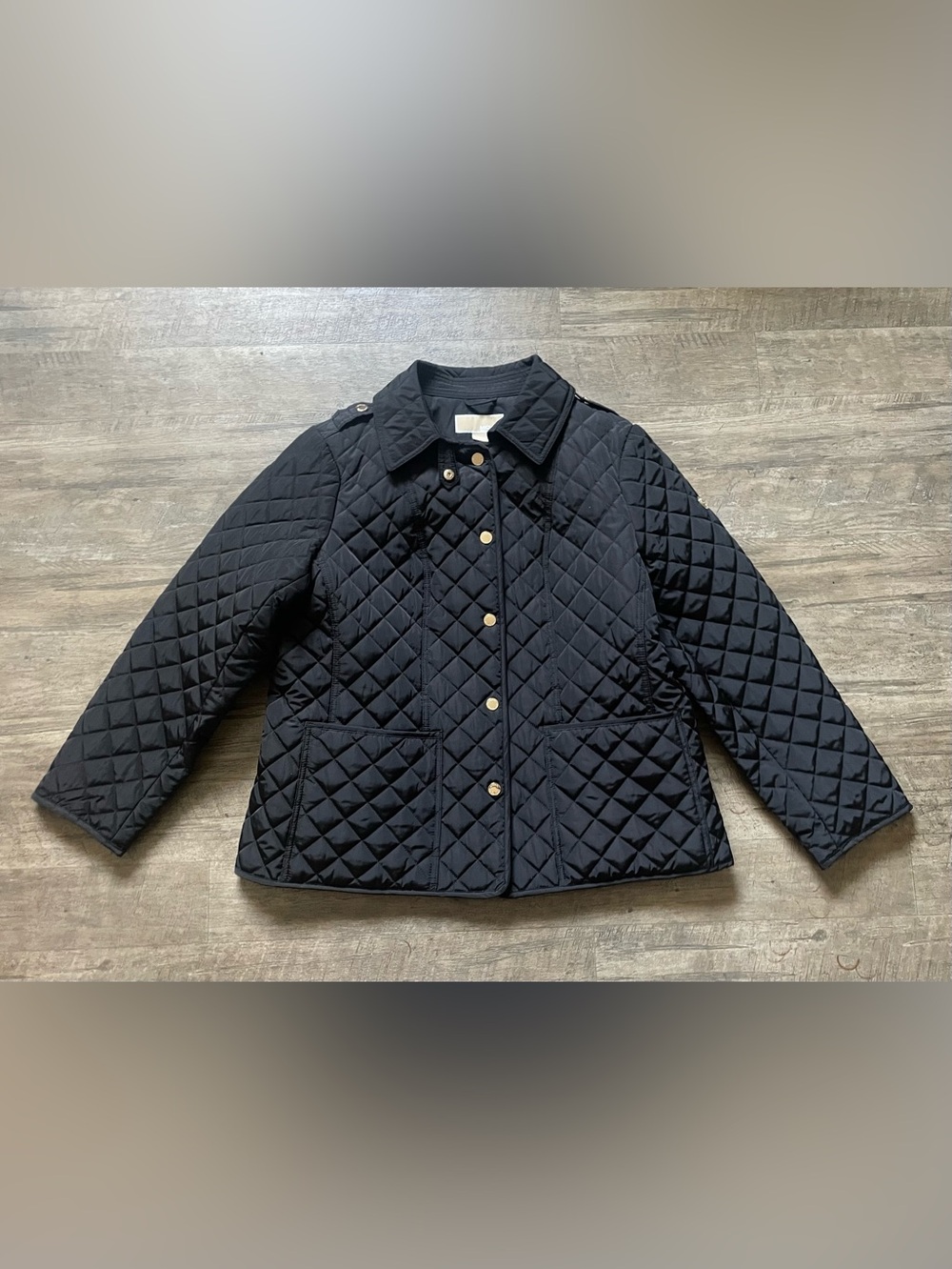 Michael Kors Black Quilted Snap Button Jacket 2 Pockets MK Medallion on Shoulder